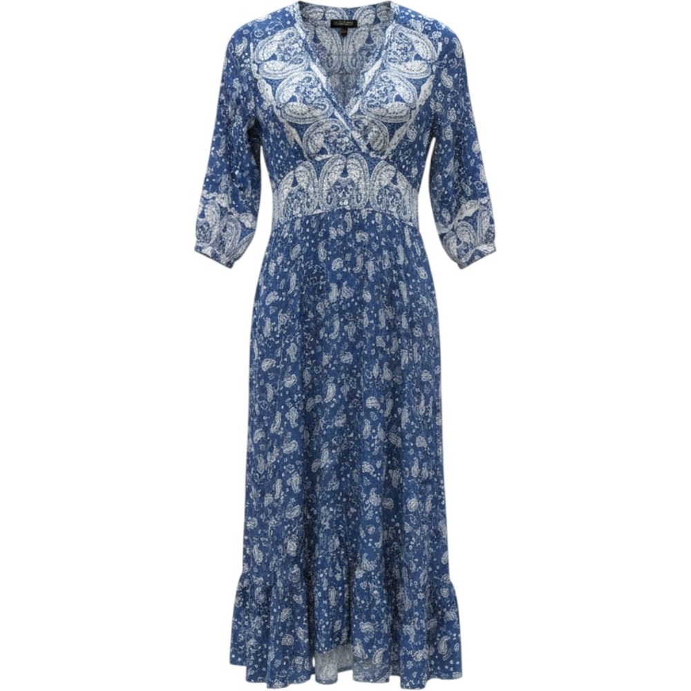 Caroline Morgan Maxi Dress M Light Blue Paisley Tiered Boho Cottagecore